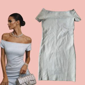 HELMUT LANG Light Blue Off-Shoulder Bodycon Dress S – Made in USA Designer Minim